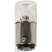 Incandescent lamp with T3-1/4 tubular shape and BA15d double-contact bayonet base. Operates at 120V AC and produces white light. Used in industrial signaling and indicator applications such as panel indicators, annunciator lights, and control system status lamps