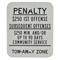 Aluminum sign with nominal size 12 in x 10 in and 0.063 in thickness. Complies with ADA standards and features High Intensity Prismatic retroreflective grade for visibility. Used in New Jersey supplemental tow-away zones to display penalty information for no-parking violations.