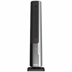Portable electric tower heater with 1500W output and 5118 BtuH heating capacity. Features 2 heat settings, 8-hour timer, adjustable thermostat, digital controls, and widespread oscillation. Black housing, dimensions 13.85 x 7.9 x 10.5 inches. Suitable for supplemental heating in office or indoor commercial spaces.