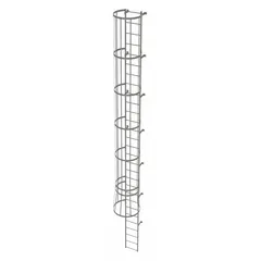 This steel fixed ladder with integrated safety cage provides secure vertical access for industrial maintenance, rooftop equipment servicing, and tank or tower climbing. It has 29 rungs, an 18 in overall width, and is supplied unassembled in three sections. The ladder meets workplace fall-protection requirements for fixed ladder installations.