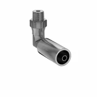 This KURT hydraulic crimp fitting is a 90° elbow made of carbon steel. It features a 1/4"-18 NPT male thread on one end and a hose end for -4 dash size hose, with male x male gender. Used in hydraulic systems for fluid power transmission in industrial machinery and mobile equipment