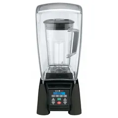 Variable-speed blender with electronic keypad actuation and pulse function. Powered by a 3 1/2 hp motor at 120V AC. Includes a sound enclosure and a copolyester jar. Suitable for high-volume blending tasks in commercial kitchens, bars, and smoothie shops.