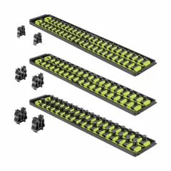 Yellow socket bit tray with 114 posts for organizing sockets. Overall width of 4 inches. Includes storage for 6 ratchets and extensions. Suitable for workshop or toolbox use.