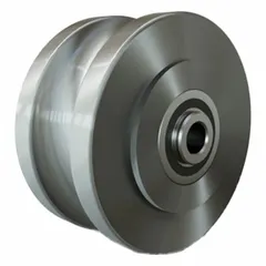 U-groove wheel designed for use on track or rail systems in material handling and industrial equipment. Wheel diameter 4 in, width 2 in, load capacity 1,250 lb, fits 1/2 in axle. Clear finish.