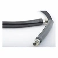 This hydraulic hose assembly is 30 ft long with a 3/8 in inner diameter and features NPTF male fittings on both ends. The black rubber hose tube and black cover are suited for medium-pressure fluid transfer in hydraulic systems. Typical applications include connecting components in presses, lifts, and machine tools