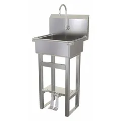 This one-station freestanding hand sink with faucet is constructed from 16 ga material. It features a 17 in bowl length and 7 in bowl depth, with a flow rate of 0.5 gpm. Side splash is not included. Suitable for industrial environments requiring a compact, standalone hand-washing station.