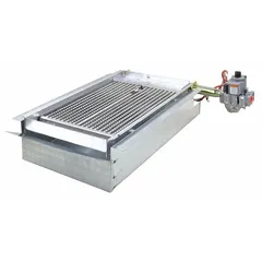 Burner tray manifold for gas-fired water heaters. Distributes gas to burner jets for combustion. Used in residential and commercial hot water systems.
