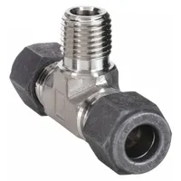 This single-ferrule compression tee fitting is made of stainless steel and connects three tubing lines. It joins 1/4 in OD tubing to a 1/8 in pipe port, providing a leak-tight seal in fluid or gas systems. Compatible with CPI™ fitting brands