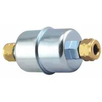 In-line fuel filter with cellulose media and 1 15/16 in outside diameter. Includes two attached brass fittings. Used on Case IH and John Deere trucks to remove contaminants from diesel fuel