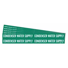 Green adhesive pipe marker with white legend text reading 'Condenser Water Supply'. Fits pipe outer diameters from 3/4 to 2-3/8 inches. Sold in a 5-pack without arrows. Used to identify condenser water supply lines in piping systems.