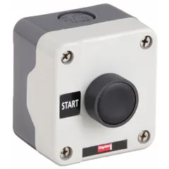 Single push-button control station with a black momentary operator labeled 'Start'. Features one normally open (1NO) contact and no pilot lights. Used for initiating machine or equipment operation in industrial control panels, conveyor systems, and process lines.