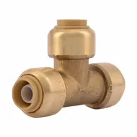 This brass push-to-connect tee fitting with swivel connects tubing of 1/2 in, 3/8 in, and 3/8 in outside diameters. It is used to branch or join tubing in plumbing systems for potable water or hydronic heating applications. The push-to-connect design allows tool-free installation on copper, PEX, or CPVC tubing
