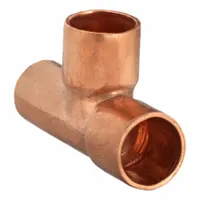 Wrot copper tee fitting with cup x cup x cup ends for sweat/solder connections. Designed to join three copper tube branches in plumbing, HVAC, or refrigeration systems. Accepts 1/4 in CTS x 5/16 in CTS x 1/4 in CTS tubing for leak-free joints