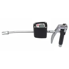 Digital metered manual dispense gun for precise fluid transfer from drums. Suitable for dispensing oils, coolants, and other non-corrosive liquids in industrial maintenance, lubrication, and chemical handling applications.