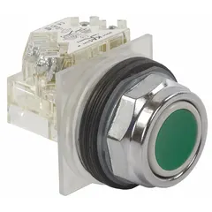 Momentary flush-mount push button from the 9001K series. Features a metallic actuator with a 30 mm flush profile and one normally closed (1NC) contact. Suitable for use as a control switch in industrial panels and machinery where a low-profile, non-illuminated operator is required.