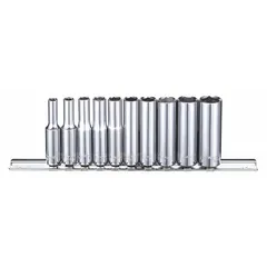 This 10-piece socket set includes 6-point SAE deep sockets in sizes from 5/32 in to 1/2 in with a 1/4 in drive. The sockets are tether ready for safety in elevated work. Suitable for tightening and loosening fasteners in automotive repair, machinery maintenance, and general assembly tasks.