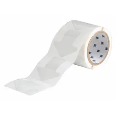 Solid white arrow-shaped floor marking tape with no legend. Each piece measures 3 in x 3 in with an 8 mil thickness. Backing material is polyester. Supplied in packs of 100. Used to mark directional paths, safety zones, and workflow lanes in industrial facilities.