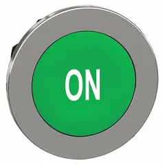 Non-illuminated push button head with metal construction and screw-on attachment. Features a green legend marked 'On'. Compatible with XB4 series operators. Used as a control interface in industrial machinery and control panels.