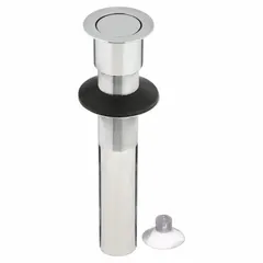 This WATCO sink drain is made of brass with a chrome finish. It features a flip stopper and includes a strainer. Designed for sinks without overflow, it connects via a slip joint to 1-1/4 in pipe. Overall height is 8 in, diameter 2-1/8 in. Suitable for kitchen or bathroom sink installations.