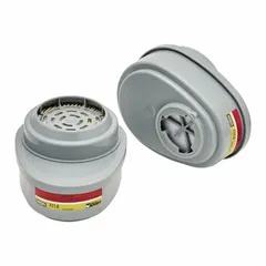 Bayonet-mount combination cartridge/filter for air-purifying respirators. NIOSH rated for organic vapors (OV). Color coded olive. Supplied as a 2-pack. Compatible with MSA 1000 Series reusable respirators.