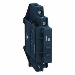 DIN-rail mounted solid state relay with SCR AC output and Form A switch configuration. DC input current 9 to 11 mA, output voltage 48 to 600V AC, maximum output current 12 A without heat sink. Screw clamp connections, finger safe. Suitable for switching AC loads in industrial control panels.