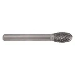 CLE-LINE SE-1L6 double-cut oval carbide bur with 1/4" x 3/8" head and 1/4" shank. Used for material removal, deburring, and shaping in metalworking and fabrication. Suitable for die grinding, weld cleanup, and contouring on ferrous and non-ferrous metals.