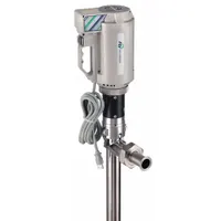 Sanitary progressive cavity electric drum pump with 1 hp motor, 115 V AC, and 316 stainless steel suction tube. Delivers up to 300 ft head. Includes spout. Suitable for transferring fluids from drums or containers in applications requiring hygiene and corrosion resistance