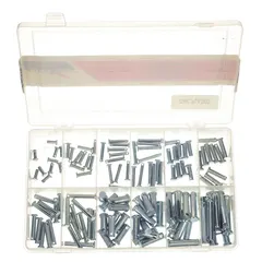 This 120-piece clevis pin assortment includes 12 inch sizes of steel pins made from Grade 1010/Grade 1018 with a zinc-plated finish. Used for securing linkages in machinery and equipment, it provides a selection of commonly sized pins for industrial maintenance and assembly applications.