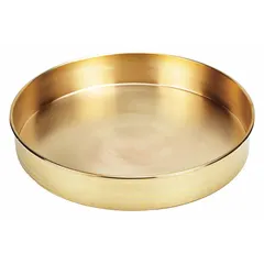 This brass sieve pan is designed for use with standard 12-inch test sieves in particle size analysis. It collects fine material passing through sieve screens during aggregate or powder testing in laboratory and industrial settings.