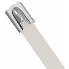 Coated 316 stainless steel cable tie with ball lock locking style. White color, 0.31 in width, 4 in maximum bundle diameter. Supplied in a 50-piece pack. Used for bundling and securing cables in demanding environments.