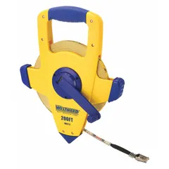 Open-reel long tape measure with a 200 ft fiberglass blade, SAE/Engineers scale, and 1/8 in graduations. Features a double-sided blade, nonmagnetic single hook end, and a plastic case with grip. Suitable for measuring long distances in construction, surveying, and industrial layout applications.