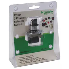 The SCHNEIDER XB4AS1 is a 22 mm panel-mounting selector switch from the XB4 series. It features a maintained/maintained action with a short-handled knob, non-illuminated plastic operator head, and metallic bezel. The switch offers two positions (Off/On) with AC contact rating of 3 A @ 240 V and DC contact rating of 0.55 A @ 125 V, and includes no cam. Typical applications include industrial panel control for machine start/stop or mode selection.