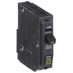 Single-pole, 30 A plug-in miniature circuit breaker for overcurrent protection in branch circuits. Rated 120/240V AC with a 10kA interrupting capacity. For use with QO Load Centers and NQ Panelboards.