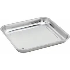 Square magnetic tray for holding ferrous metal parts, fasteners, and tools during assembly, maintenance, or repair tasks. Overall dimensions: 11-1/2 in length, 10-3/4 in width, 1-1/2 in height. Magnetic surface keeps components organized and prevents rolling off workbenches.