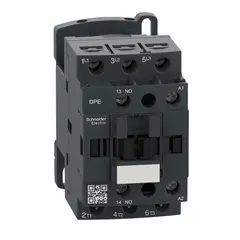 SCHNEIDER DPE18U7 is a 3-pole non-reversing IEC magnetic contactor rated for 18 A with a 240V AC coil and 3 normally open (NO) contacts. It is used for switching and controlling electrical loads in motor control, lighting, and HVAC circuits. This model does not include integrated surge suppression.