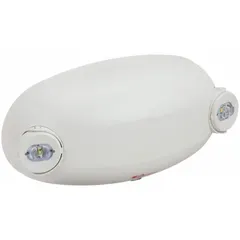 This surface-mount LED emergency light is UL 924 compliant and rated for damp locations. It operates on 120 to 347V AC, with 1.2 W lamp wattage and 4.8 W emergency wattage. Features include self-diagnostic and remote test capabilities, adjustable lamp heads, and remote capability. Suitable for wall mounting in areas requiring emergency illumination during power outages.