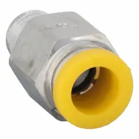 Nickel-plated brass tube fitting with push-to-connect and BSPT male thread. Connects 8 mm OD tubing to a 1/8 in BSPT port. Silver finish. Used for tool-free assembly in pneumatic or fluid systems