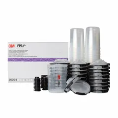 Disposable liner kit for 28 fl oz PPS spray cup systems. Includes 50 large lids and liners with integrated collar and 200 micron filter. Used in paint preparation and finishing applications to reduce cleanup time.