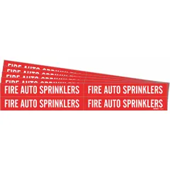 Red adhesive pipe marker with white legend text reading 'Fire Auto Sprinklers'. Fits pipe outer diameters from 3/4 to 2-3/8 inches. Pack includes 4 markers without arrows, sold in a 5-pack configuration. Used to identify fire sprinkler piping in industrial and commercial facilities.