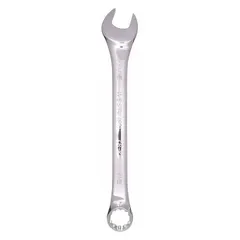 Alloy steel wrench with chrome finish. Offset design provides clearance in confined spaces. 11/16 in head size, 8 3/4 in overall length. Used for tightening or loosening fasteners in assembly and maintenance tasks.