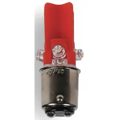 This BA15d double-contact bayonet base lamp features a T3-1/4 tubular bulb shape and emits red light. It operates on 12 V AC/DC and is suited for signaling applications such as panel indicators, alarm systems, and control cabinets where a compact, low-power visual signal is required.