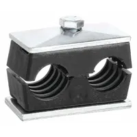 This steel clamp with a ribbed bore secures two pipe lines while reducing vibration and noise. It is used in industrial piping systems for hydraulic, pneumatic, and process piping applications