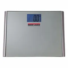 Digital bathroom scale with integrated indicator for personal weight measurement. Features a 15 3/8-inch weighing surface, readability of 0.2 lb, and weighing in kilograms. Includes two AAA batteries and is CE Approved. Suitable for home, gym, or clinical use.