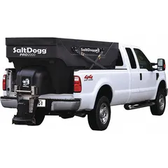 Broadcast tailgate spreader for truck beds. Stainless steel and poly construction with full length auger. Powered by vehicle battery for spreading salt, sand, or similar materials.