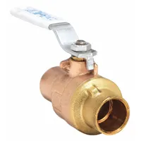 Two-piece straight ball valve with sweat connections for copper tubing. Brass/bronze construction with lever handle. Used for on-off or flow control in plumbing and HVAC systems
