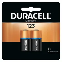 DURACELL DL123 is a 123/CR123 lithium battery delivering 3V DC with 1550 mAh capacity. This 2-pack provides stable voltage for high-drain devices such as digital cameras, flash units, security systems, and medical equipment. The lithium chemistry ensures extended shelf life and reliable power in compact electronics.