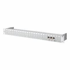 Unequipped rack-mount patch panel with 24 ports, featuring IDC connection x RJ45 interfaces. ABS housing in light gray with 180° mounting angle. Used for organizing and terminating voice and data cabling in network racks.