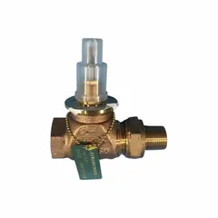 Bronze body globe valve with brass seat, 3/4 in female/male union NPT connections, 7.3 CV flow rating, stem-down-to-close action, normally open. Used in hydronic heating and cooling systems for flow regulation.