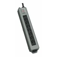 Industrial power strip with 9 outlets, 15 ft cord, and 15 A rating. Keyhole mounting for secure installation. Gray finish. Not UL rated for healthcare. Suitable for general power distribution in workshops, server rooms, and manufacturing areas.