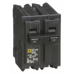 The SQUARE D HOM215 is a 15 A, 2-pole miniature circuit breaker from the HOM Series, rated for 120/240V AC single-phase systems with a maximum interrupting rating of 10kA at 120/240V AC. It is designed for plug-in installation in Homeline Load Centers, providing overcurrent protection for branch circuits in residential and light commercial applications.